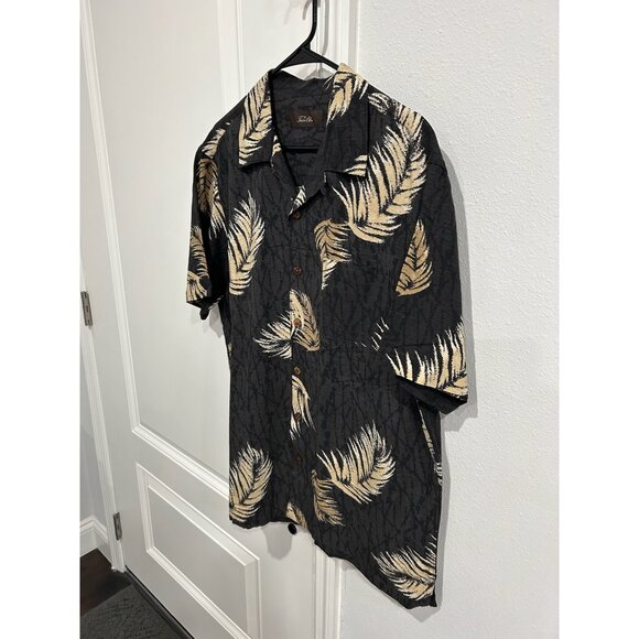 Tasso Elba Silk Button Front Hawaiian Shirt Black Beige Sz Large Feather Print - Picture 3 of 10